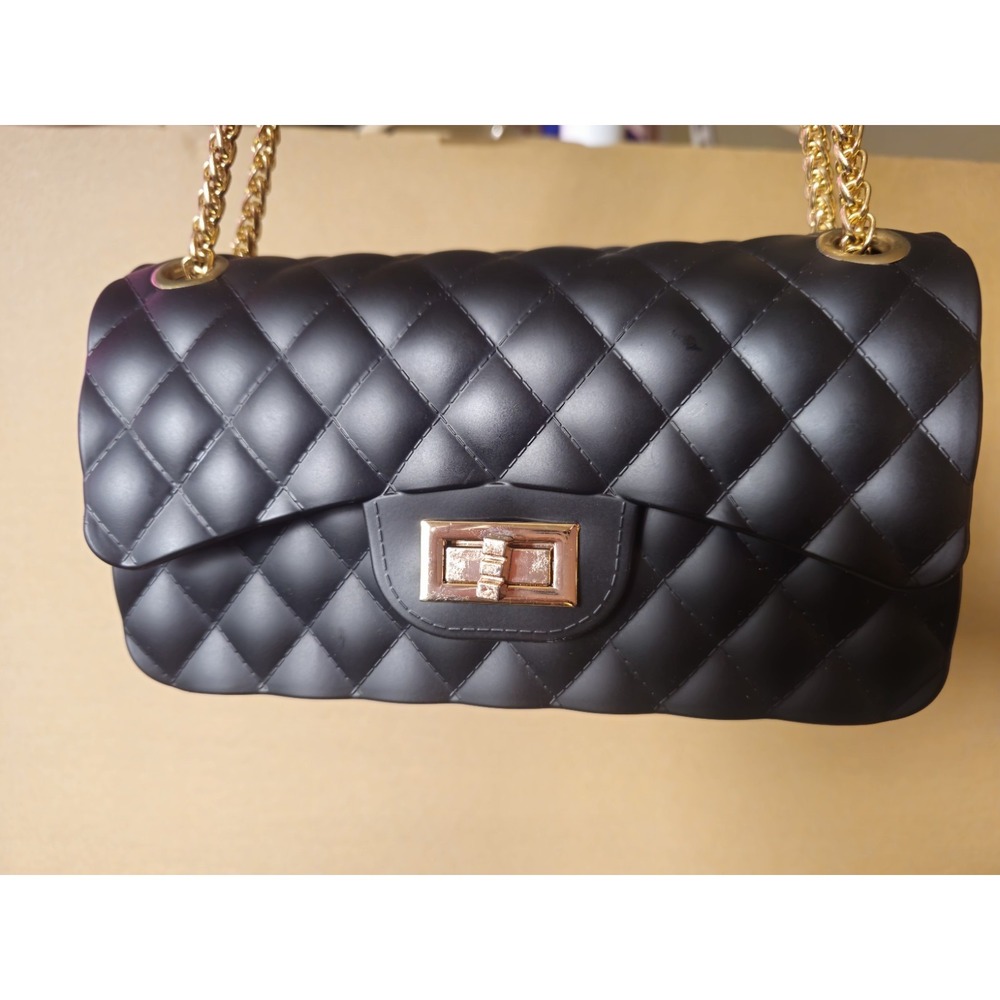 Women's Small Black Quilted Crossbody Or Shoulder Bag Gold Chain Strap Turn Lock - Picture 3 of 12